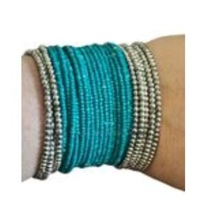 Hand Seed Bead Colorful Cuff Blue Metallic L Boho Indie Folk Festival Beach Chic